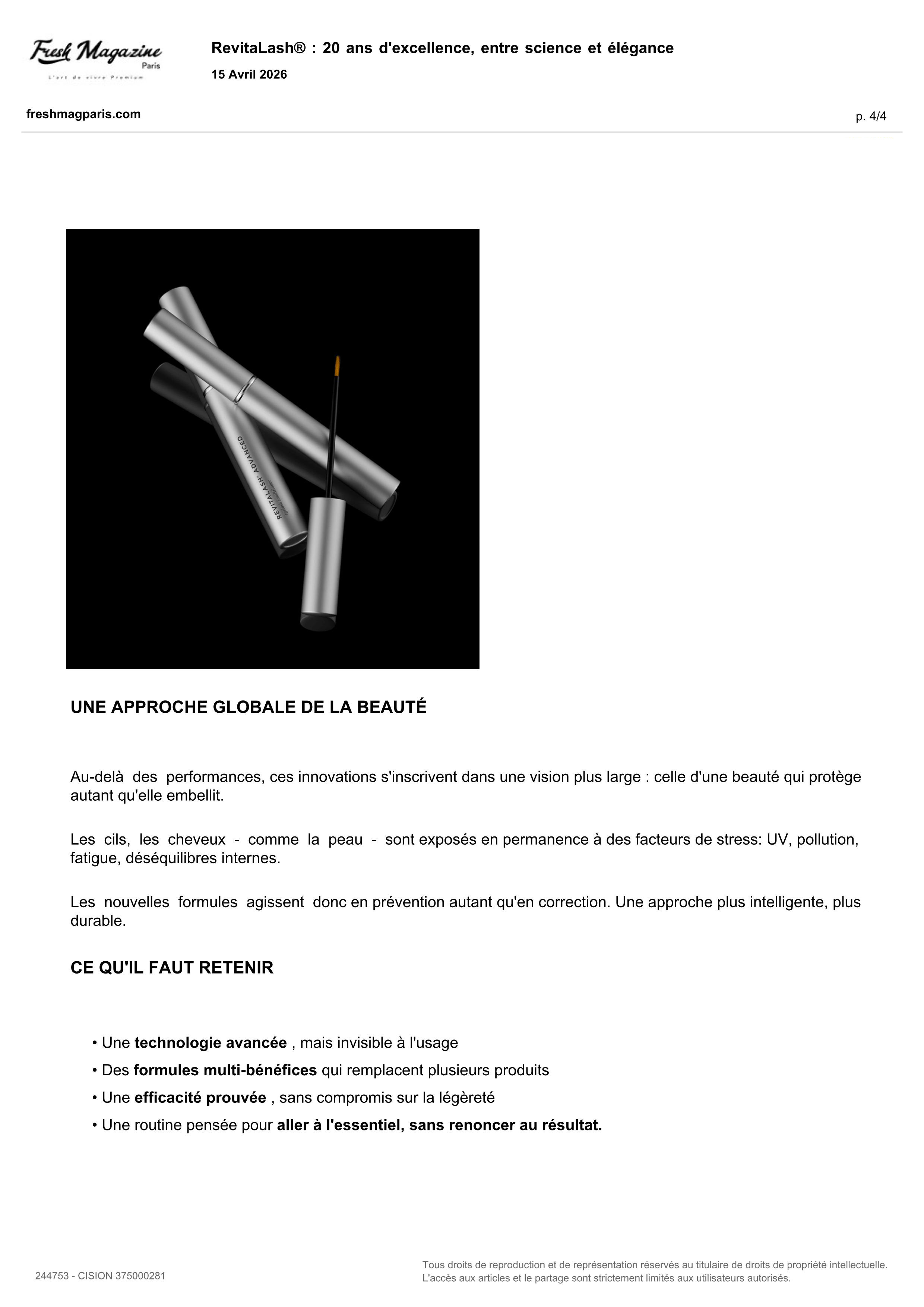 Leave-In Hair Mask & Conditioner de RevitaLash® Cosmetics paru dans Fresh Magazine - Avril 2026